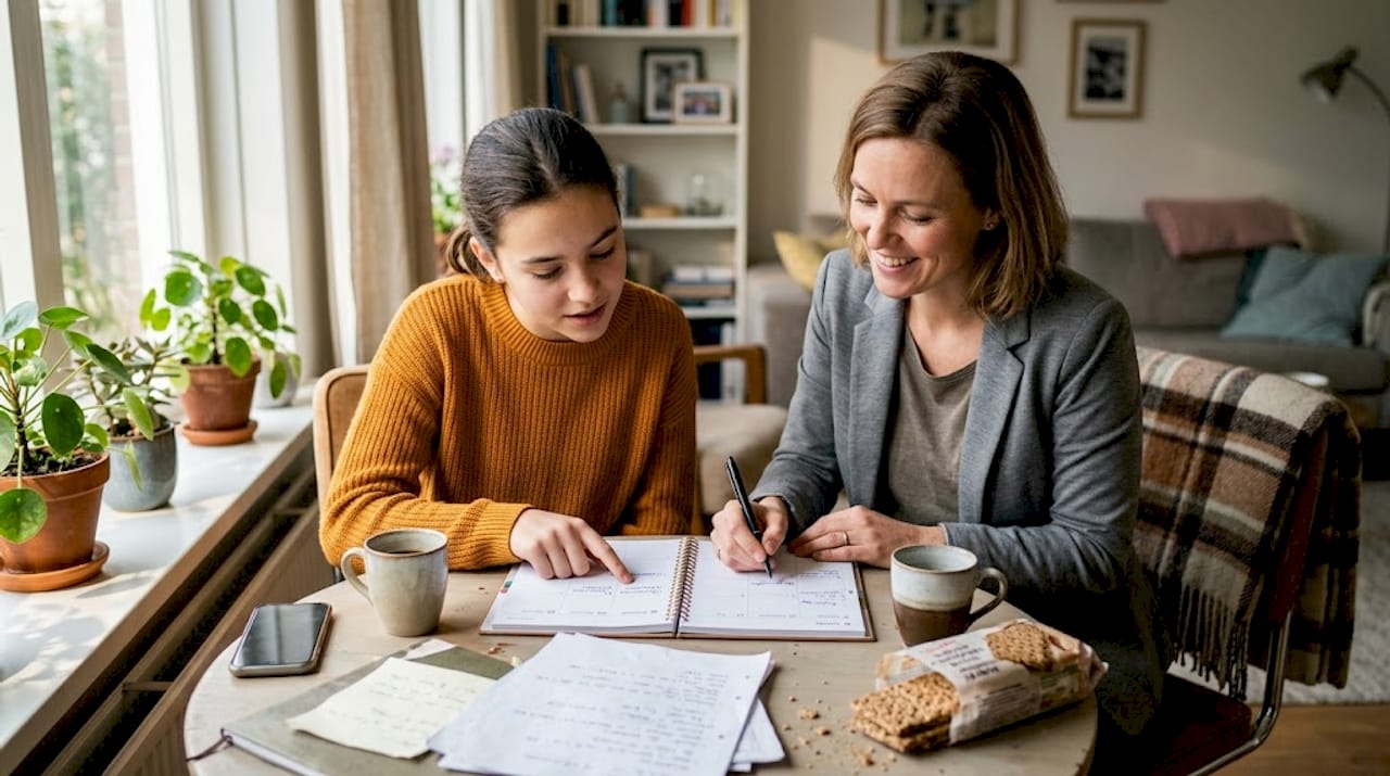 Tiener en coach bespreken samen de planning voor de week aan tafel