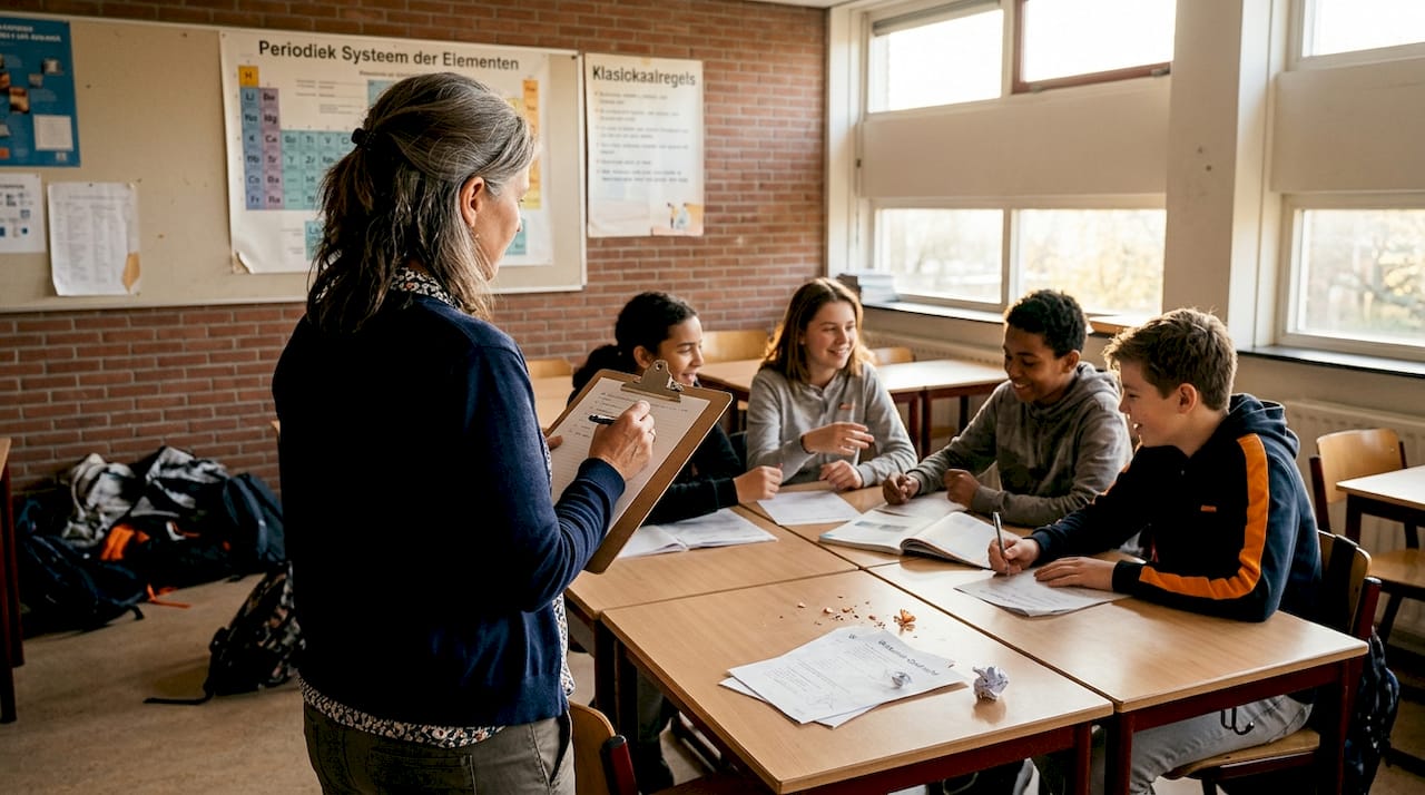 Een docent die in de klas meekijkt en een oogje in het zeil houdt bij de leerlingen.