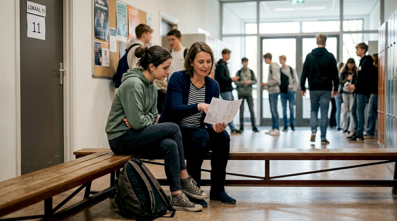 Een mentor en een leerling zitten samen op een bankje op school en voeren een gesprek.
