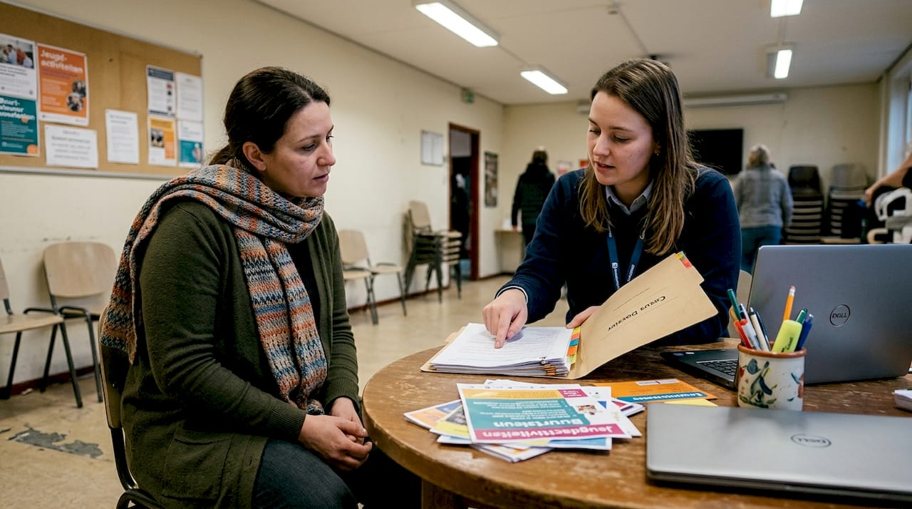 Ouder en begeleider zitten samen om tafel in de vergaderruimte