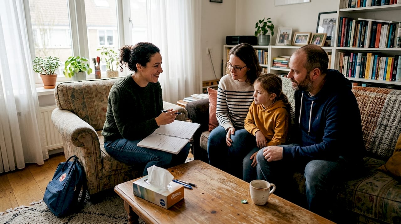 Gezinsgesprek samen met de hulpverlener in de woonkamer