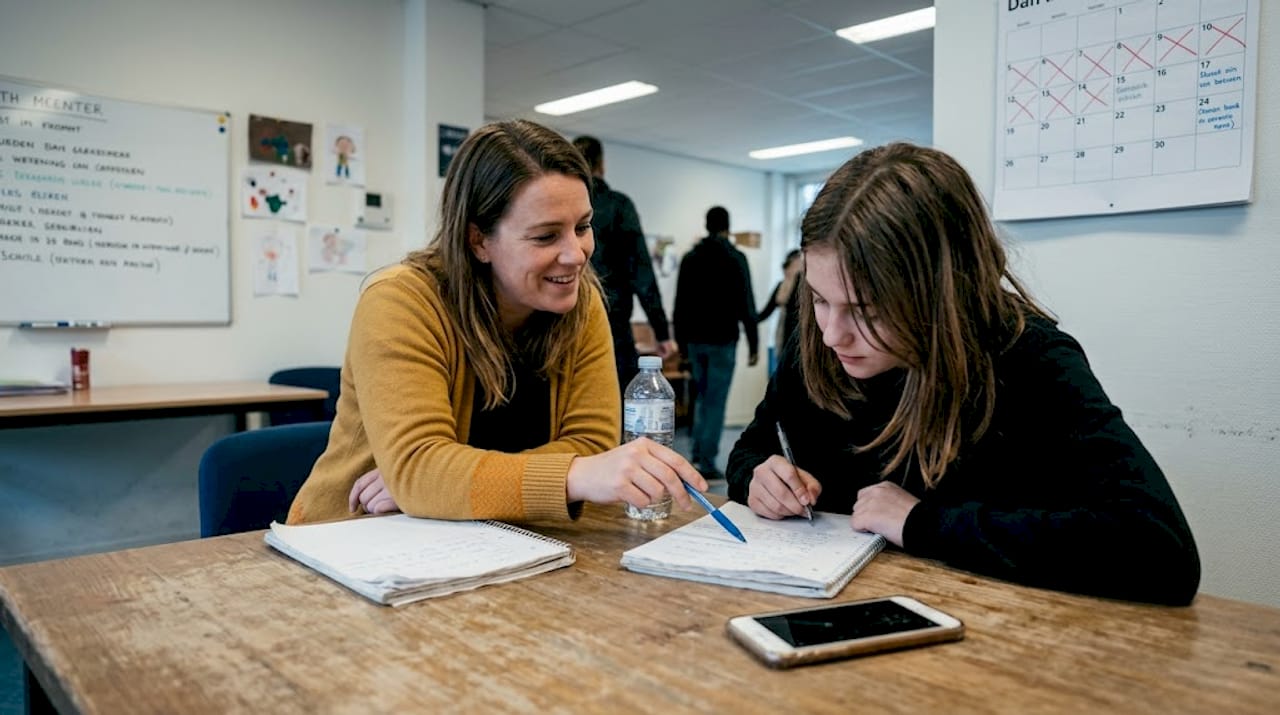 Een begeleider ondersteunt een tiener bij het uitvoeren van verschillende taken in het wijkcentrum.