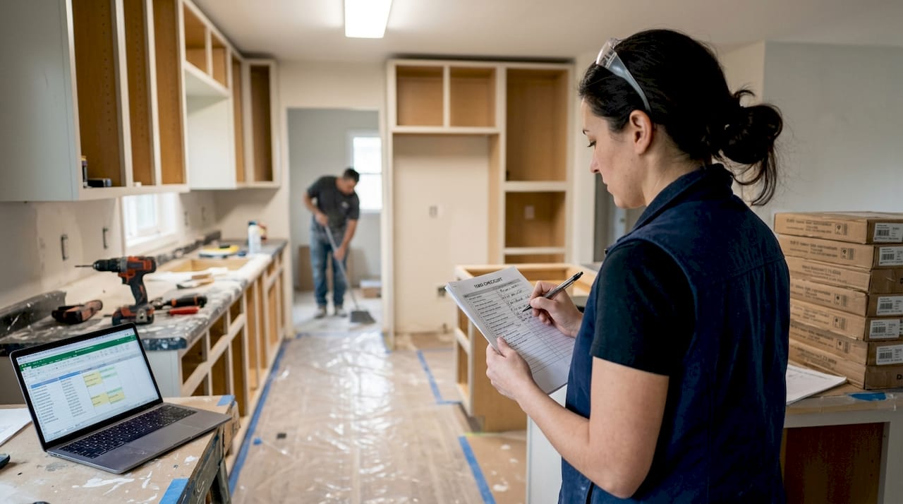 Project manager checks checklist in remodeled kitchen