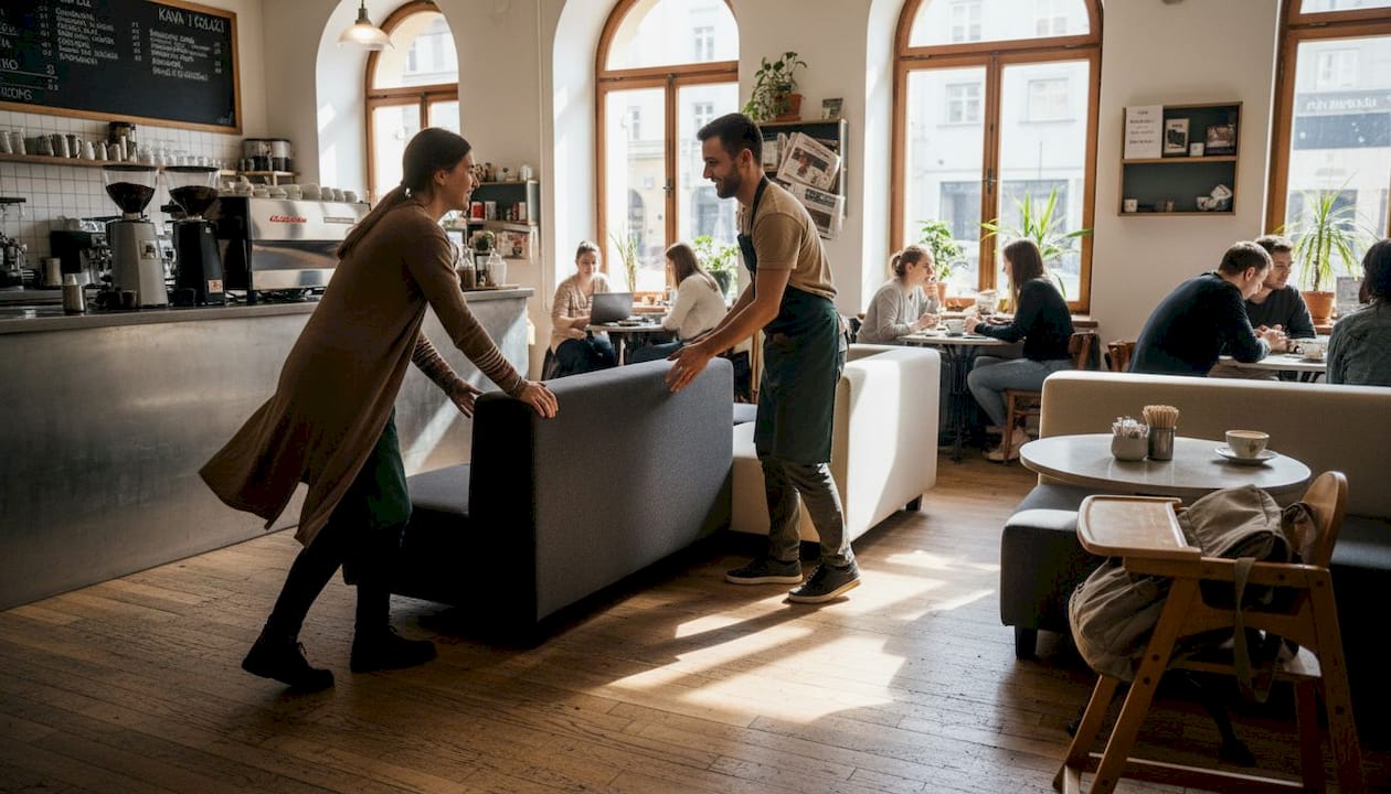 Osoblje pomiče modularni kafićki namještaj i prilagođava prostor prema potrebama.