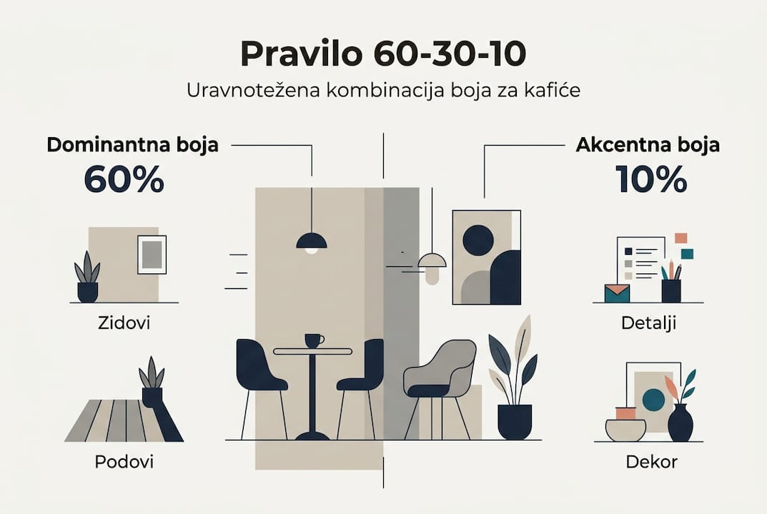 Infografika: kako primijeniti pravilo 60-30-10 u odabiru boja za uređenje kafića