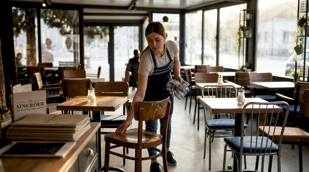 Konobarica slaže stolove i stolice u restoranu, pripremajući prostor za goste.