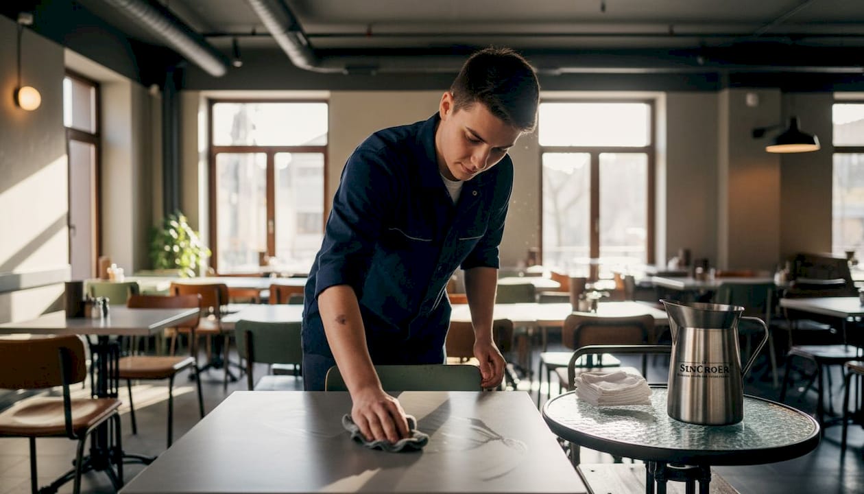 Djelatnik brižno čisti stol izrađen od modernih materijala.