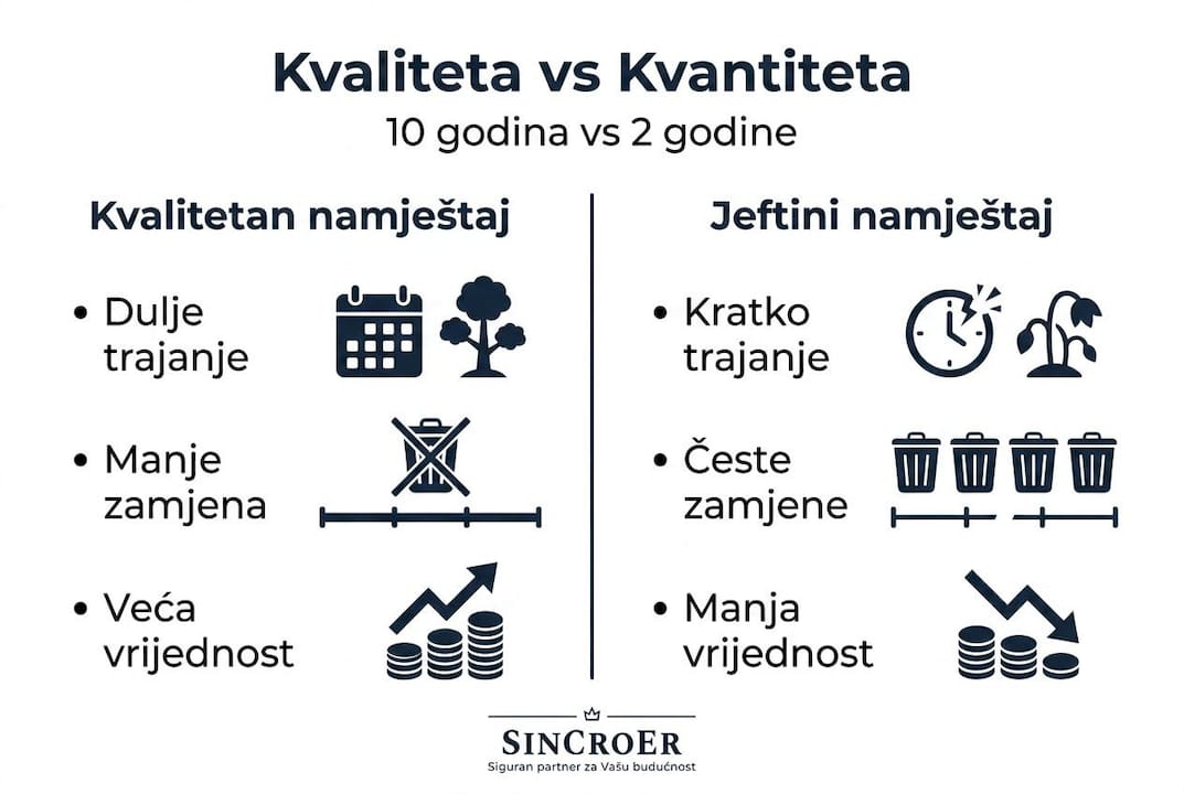 Infografika: pregled razlike između kvalitete i količine namještaja