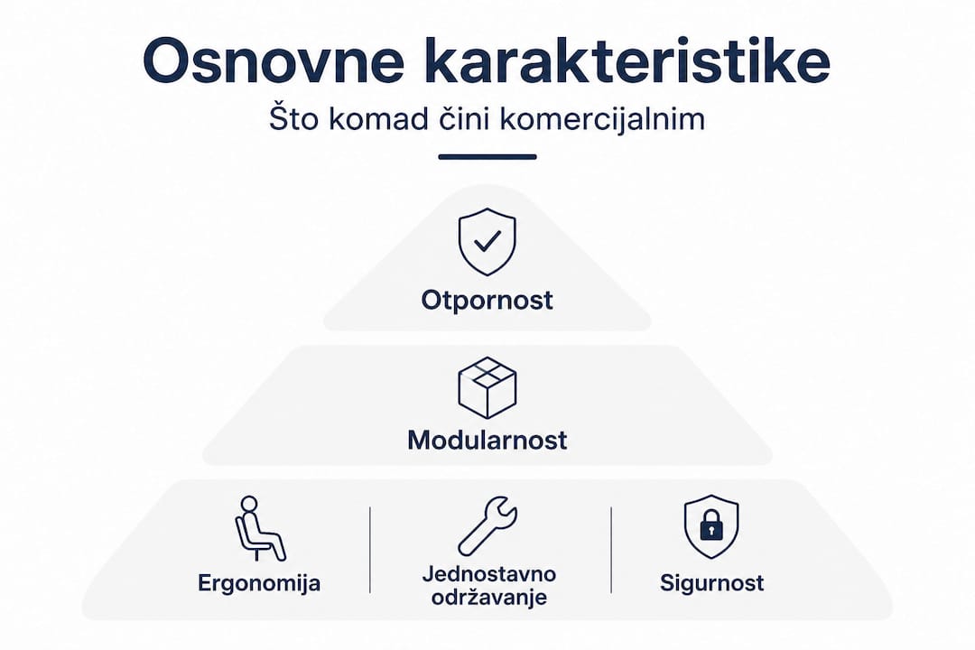 Ova infografika jasno prikazuje kako su ključne osobine komercijalnog namještaja međusobno povezane i rangirane po važnosti.