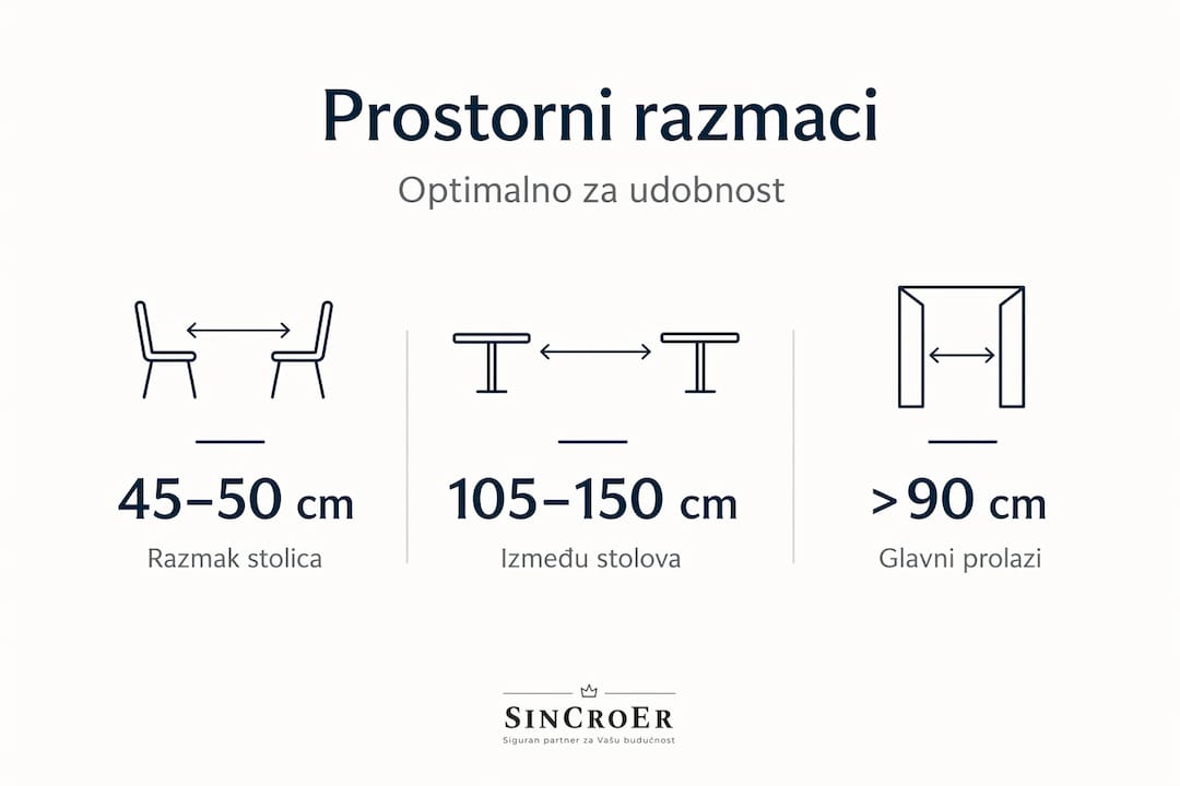Infografika koja prikazuje preporučene razmake između stolova i stolica