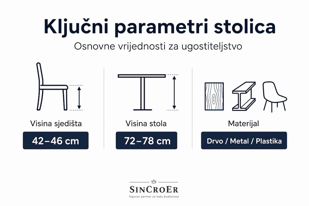 Infografika s najvažnijim karakteristikama stolica za ugostiteljske objekte