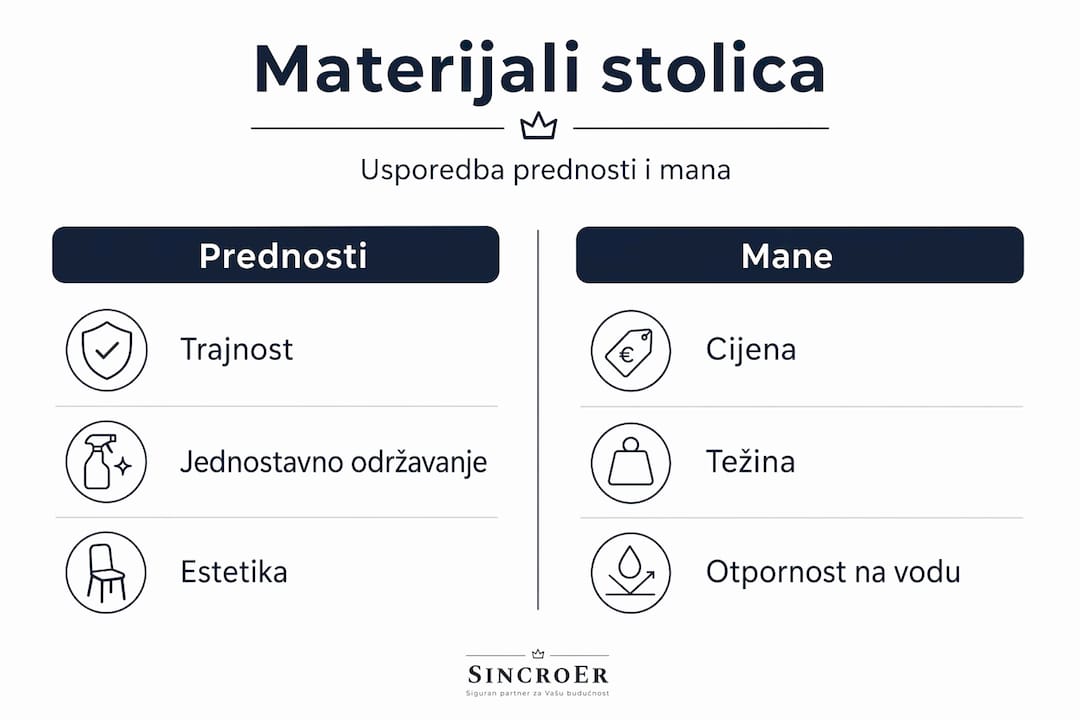 Infografika: pregled prednosti i nedostataka različitih materijala za stolice