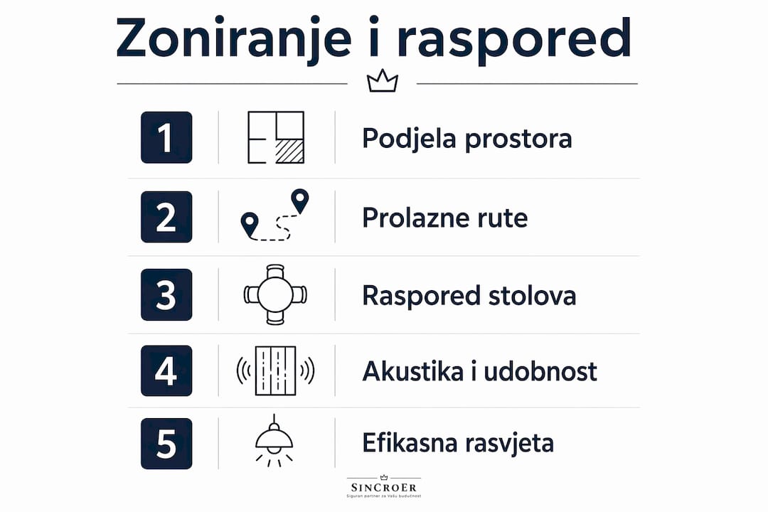 Na ovoj infografici jasno su prikazani svi koraci planiranja i organizacije stolova u restoranu, od podjele prostora na zone do optimalnog rasporeda sjedenja.