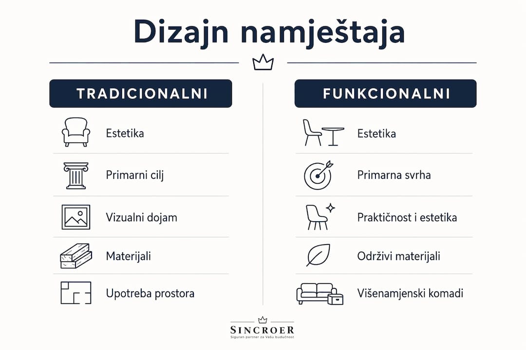 Ova infografika donosi pregled razlika između klasičnog i suvremenog, funkcionalnog dizajna namještaja.