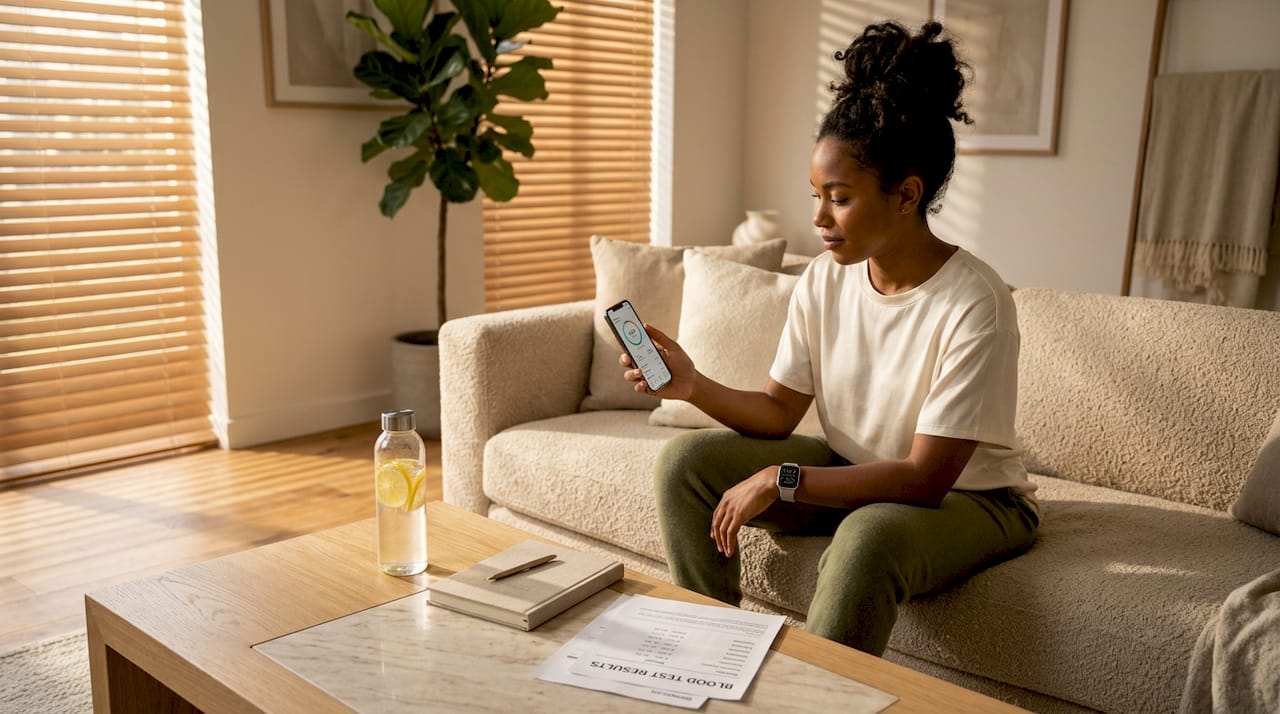 Woman reviewing health data on smartphone in living room