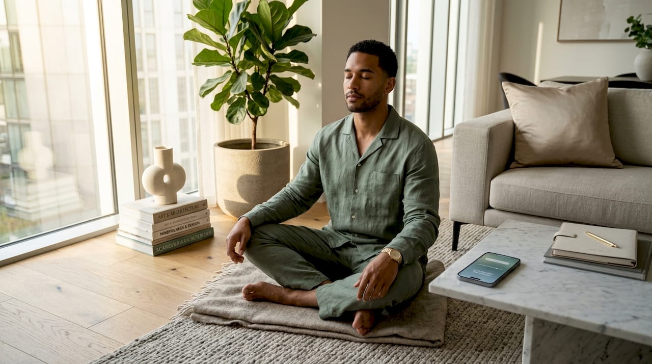 Man meditating on yoga mat in lived-in living room