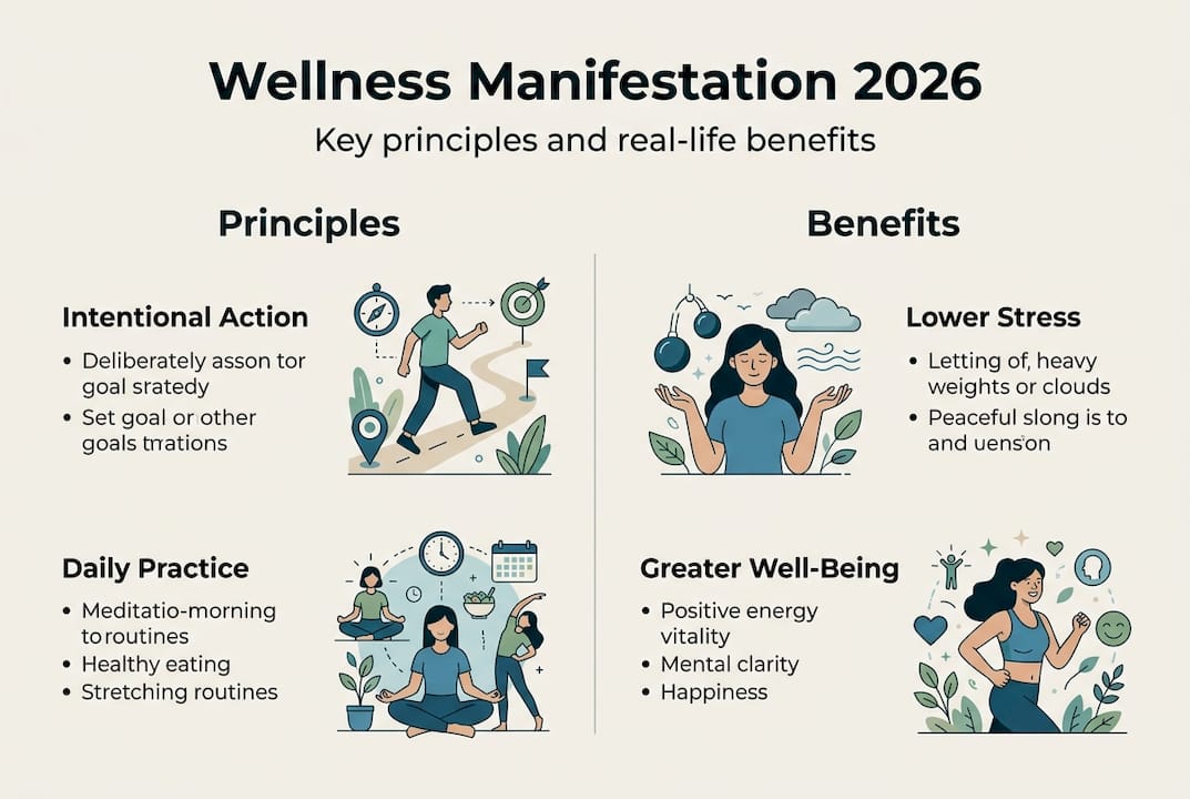 Infographic outlining wellness manifestation principles and benefits