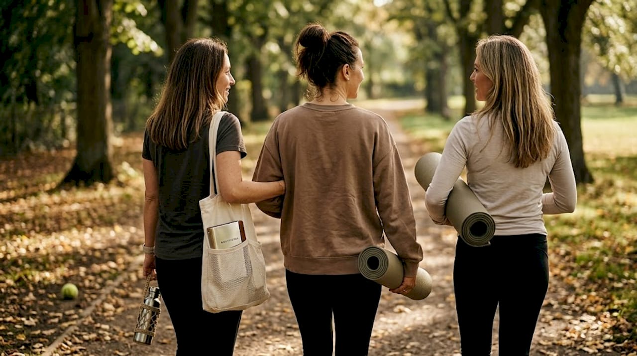 Women chatting after outdoor yoga class