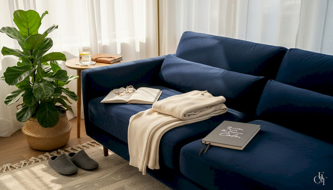 Woman practicing daily ritual on couch