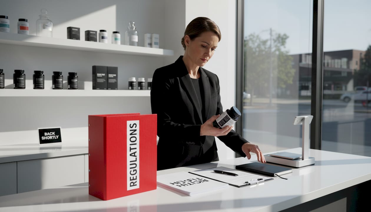 Pharmacist inspecting supplement bottle at pharmacy