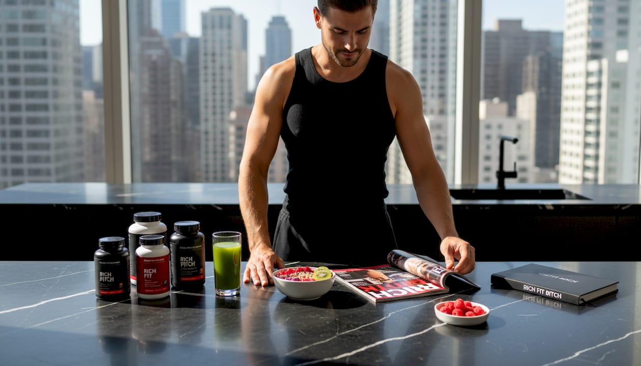 Man organizing supplement bottles during breakfast