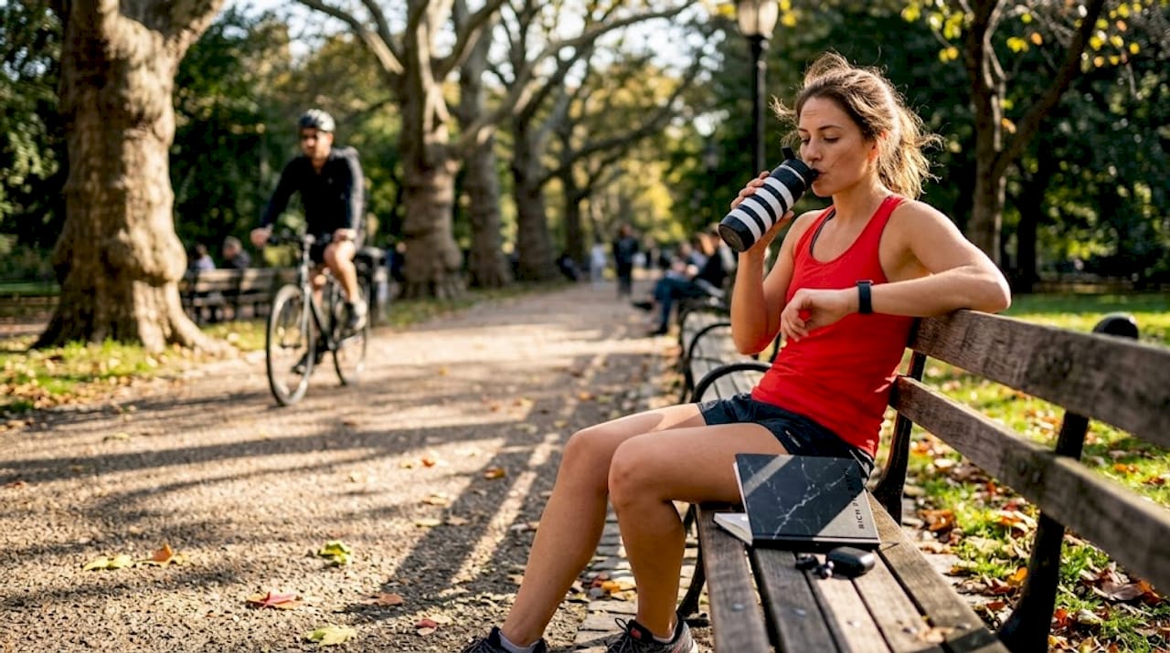 Woman relaxing on park bench after run