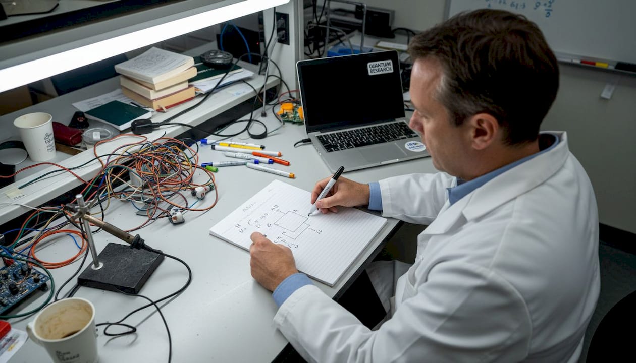 Scientist sketches quantum circuit diagram in lab