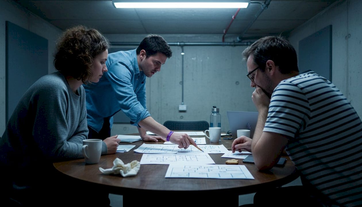 Design team discussing user scenario sketches