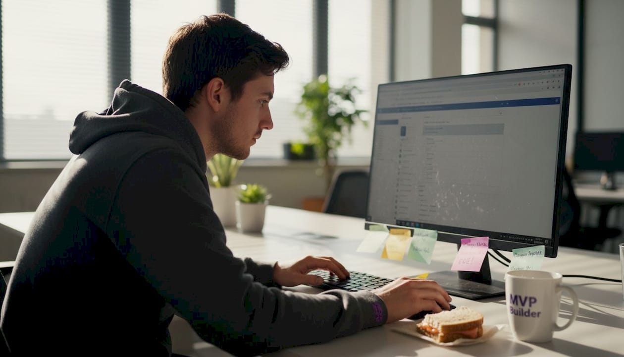Developer building WordPress MVP at cluttered desk