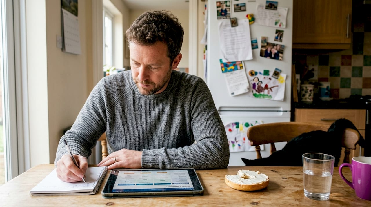Freelancer choosing web hosting in kitchen