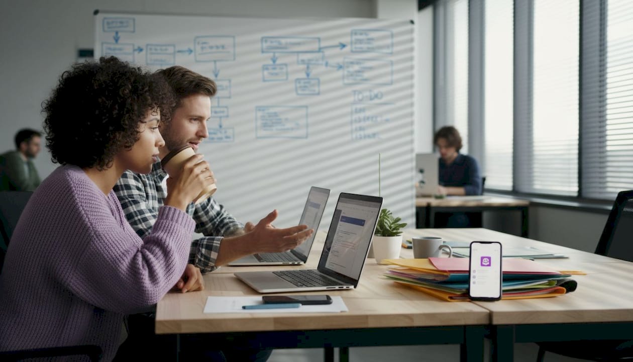 Developers collaborating at workstation with whiteboard