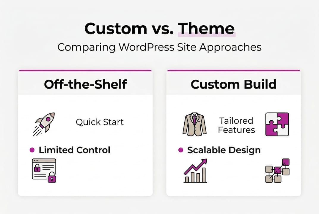 Infographic comparing custom and theme WordPress builds