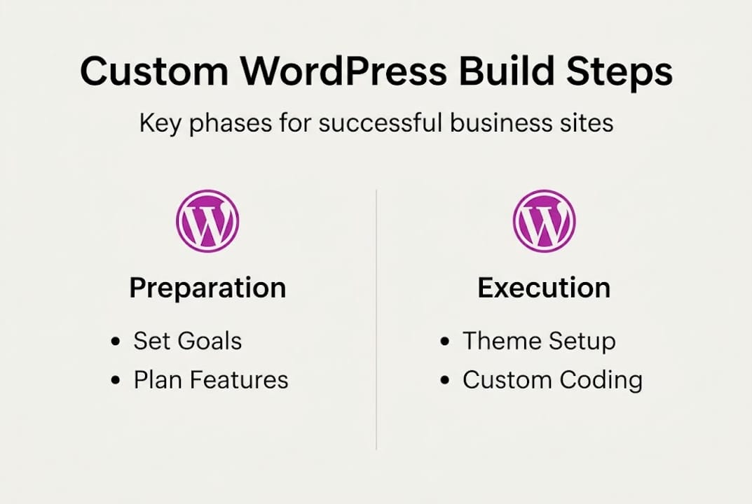 Infographic showing main steps of custom WordPress build