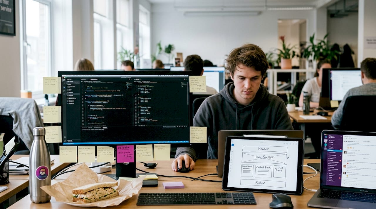 Web developer coding custom WordPress theme at desk