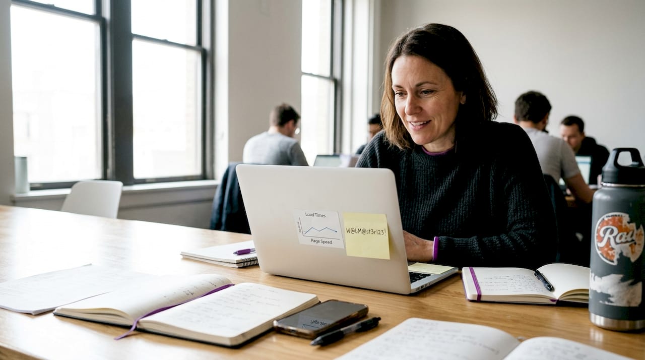 Reviewing site performance on laptop in coworking space