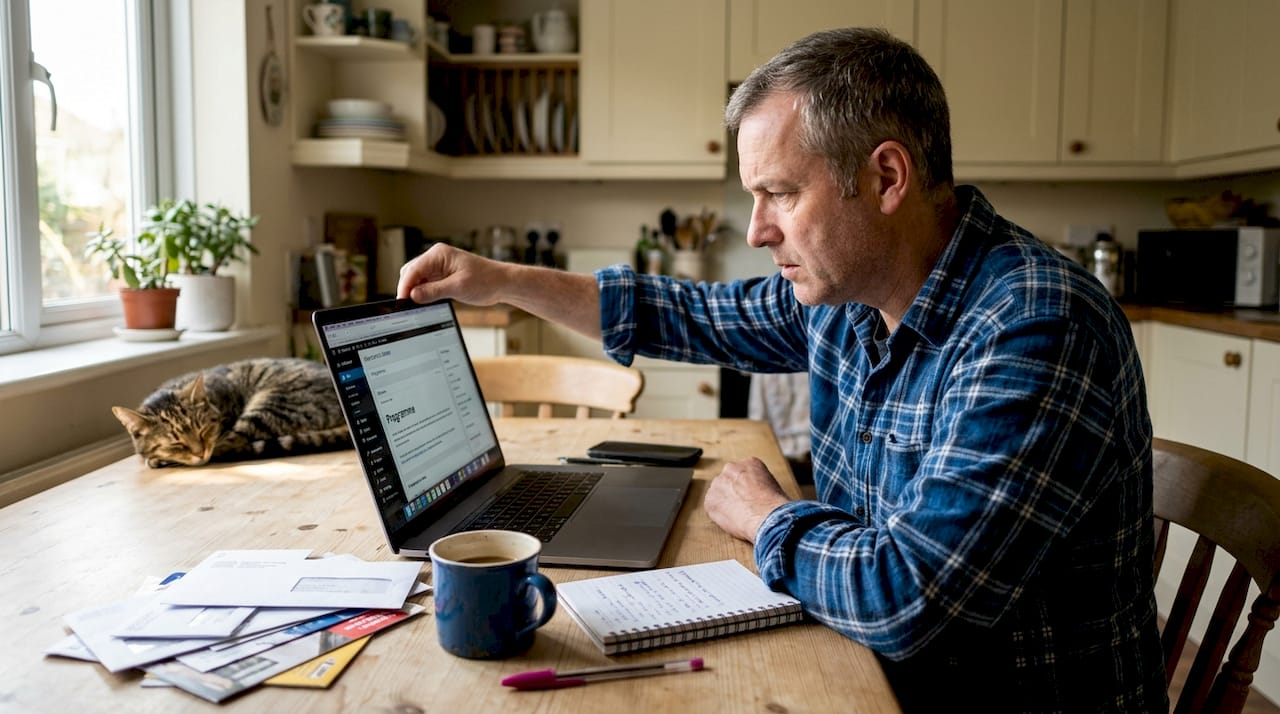 Man using website builder at kitchen table