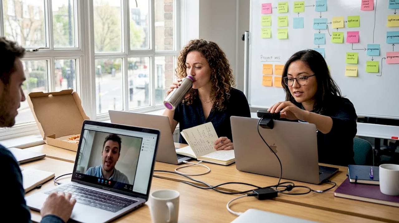 Remote developer team video meeting workspace