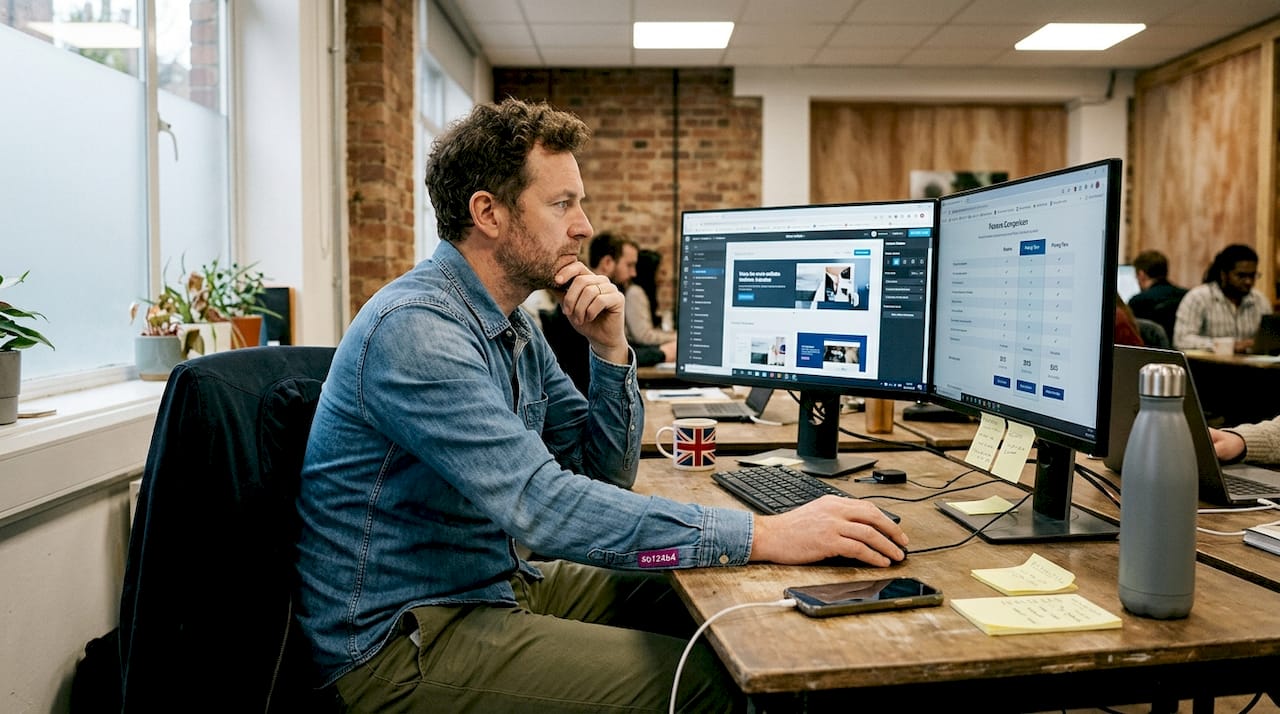 Freelancer comparing website platforms at cowork desk