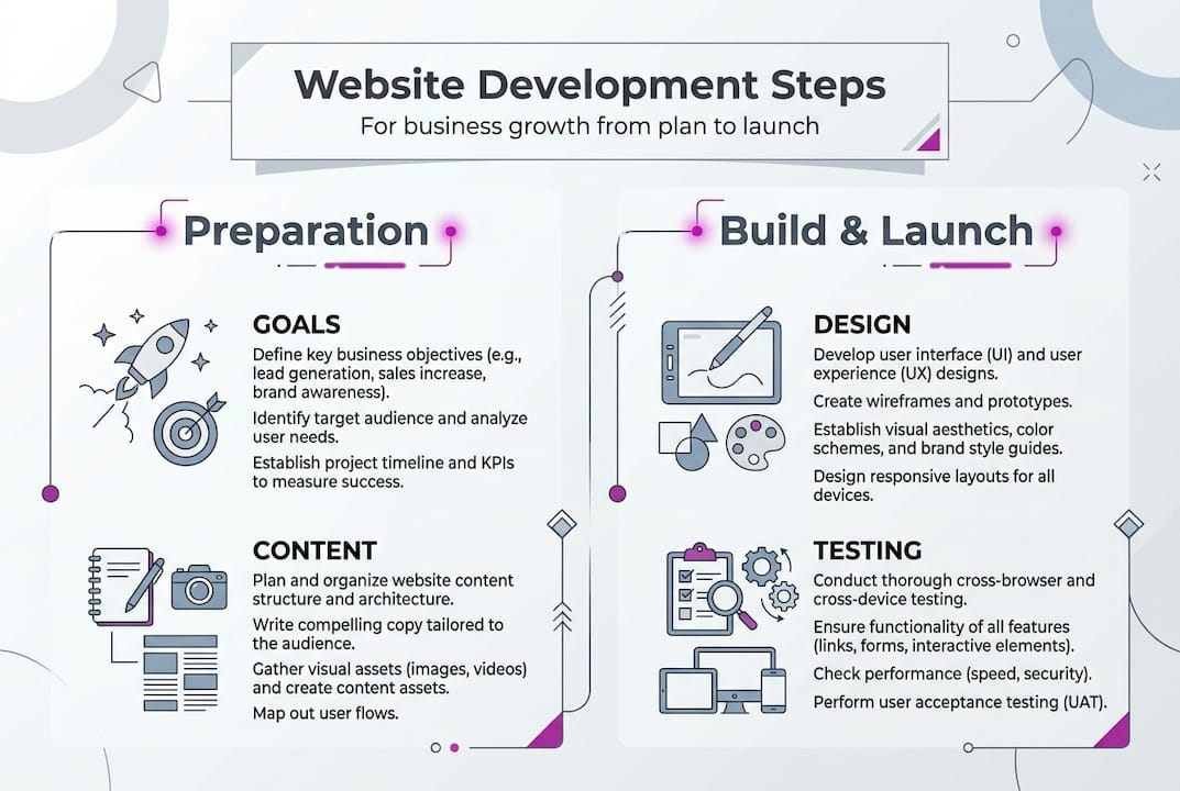 Infographic showing website development workflow steps