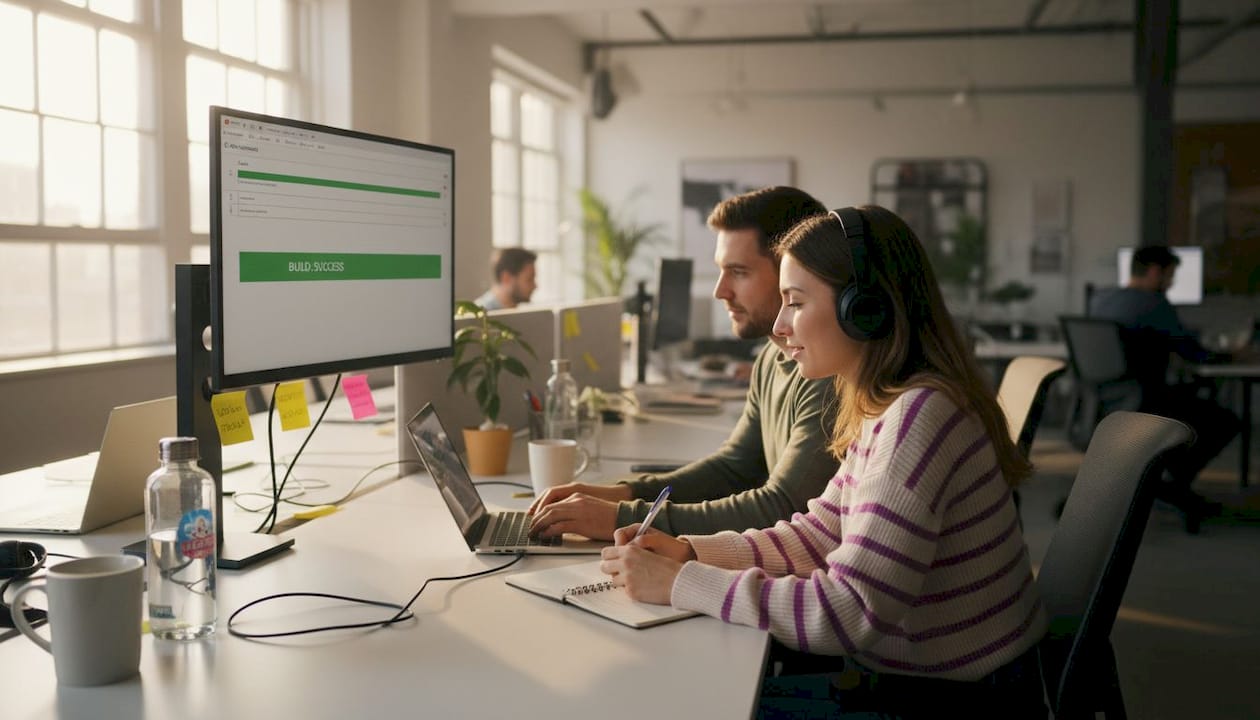 Developers reviewing CI/CD build dashboard