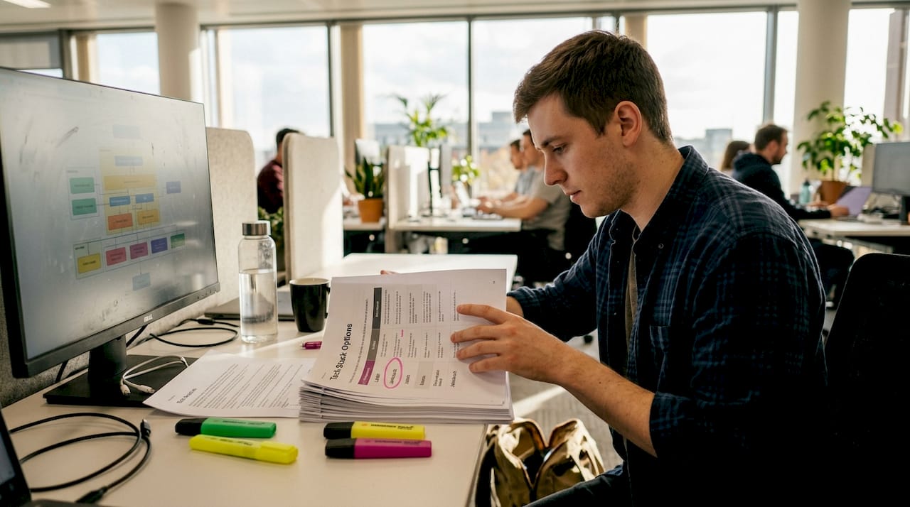 Developer reviewing tech stack comparison chart