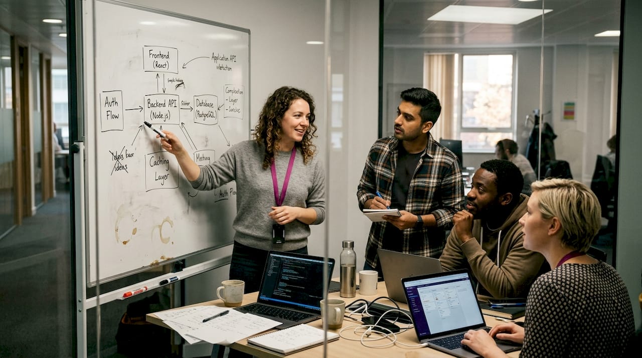 Startup team discussing tech stack options