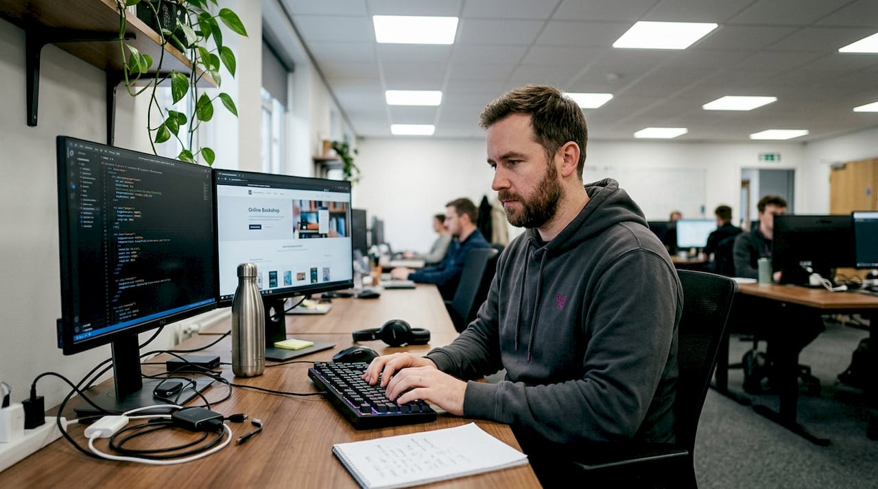 Developer reviews code and website preview
