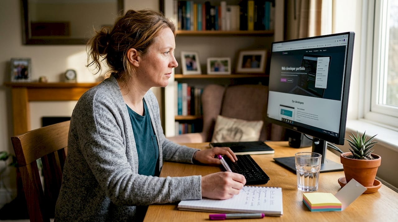 Woman reviewing developer portfolio at home office