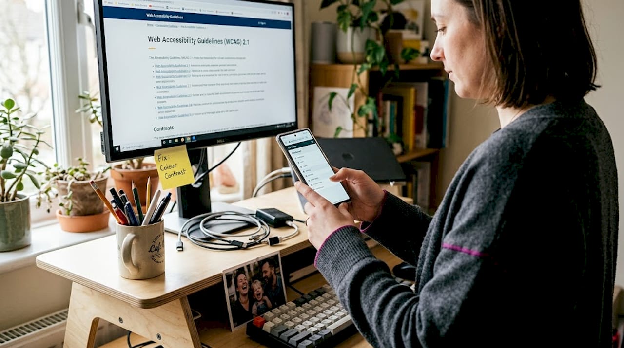 Designer testing web app on phone in workspace
