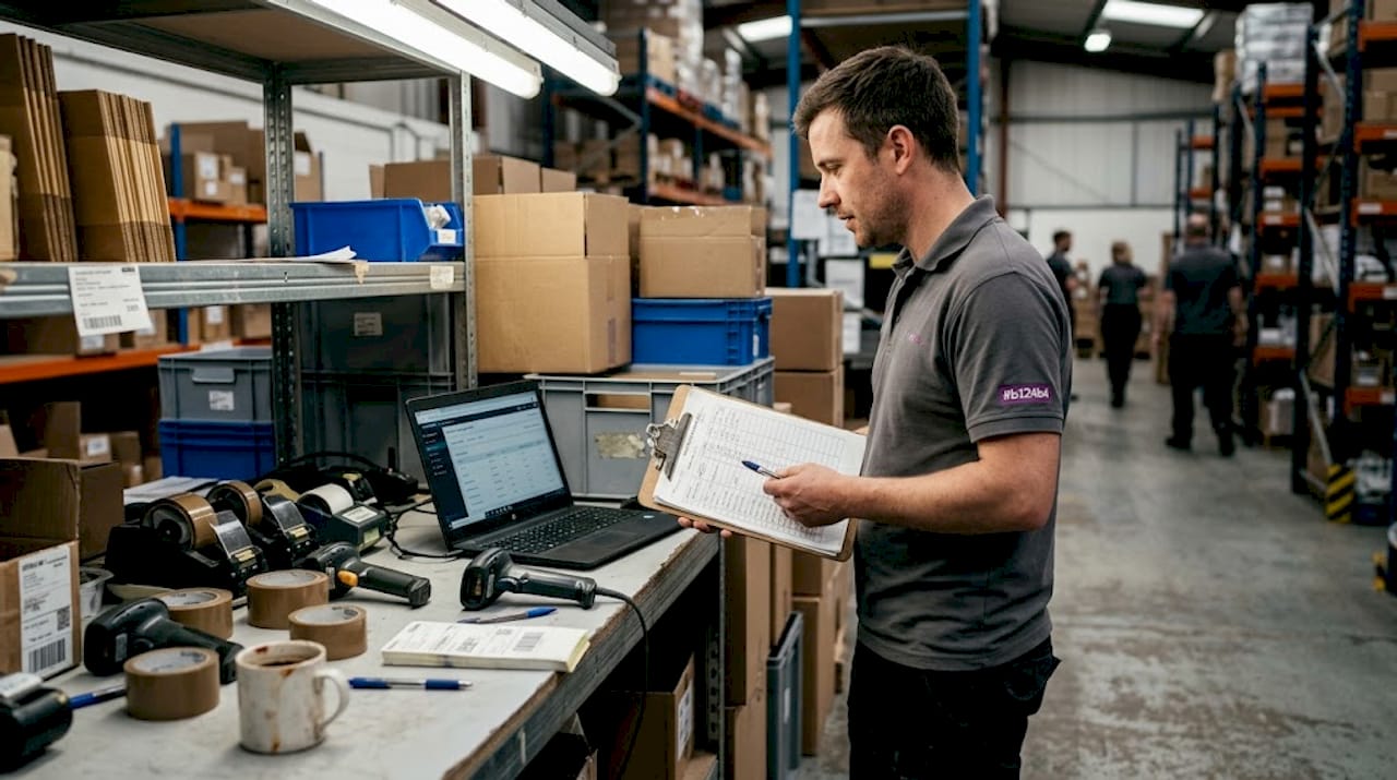 Warehouse worker updating inventory on laptop