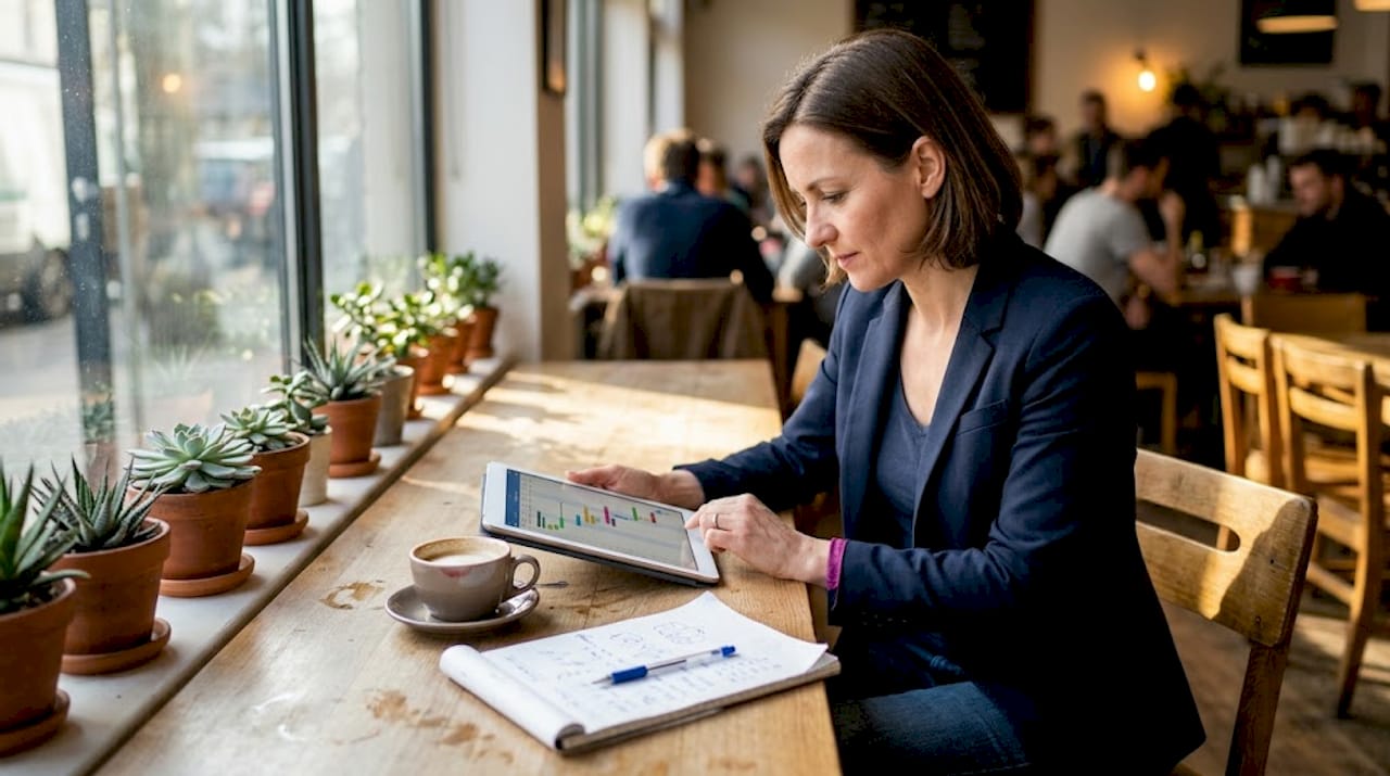 Project manager reviewing timeline at café