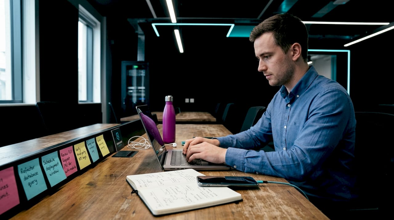 Man selecting tools for project workflow in coworking space