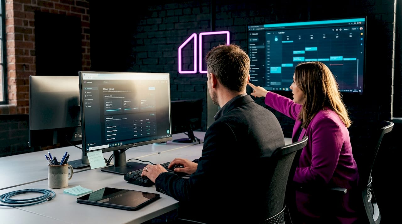 Colleagues collaborating on web application development