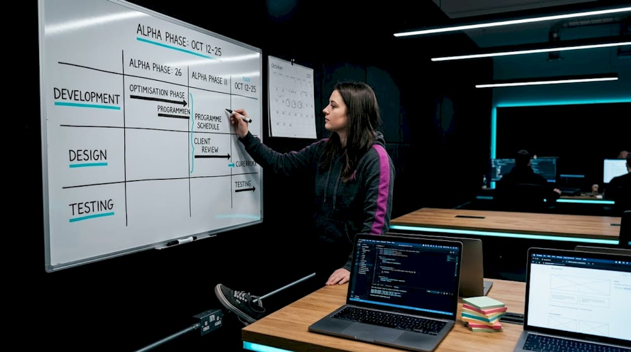 Developer examining project timeline on whiteboard